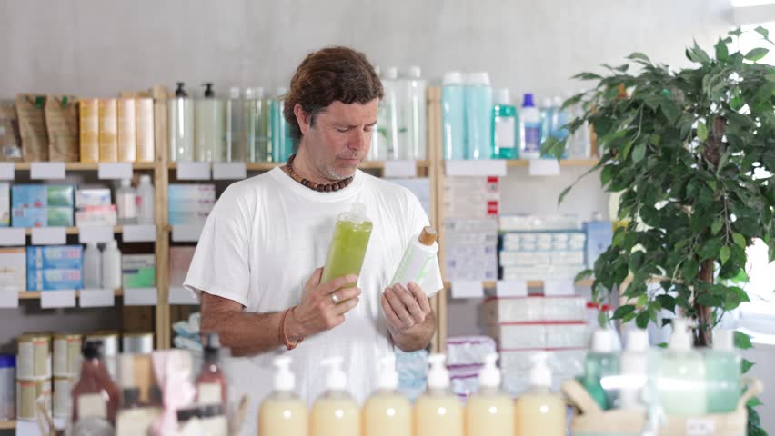 Adult man chooses a medicated shampoo for dandruff and against hair loss in a pharmacy. Buying anti-baldness shampoos. High quality 4k footage