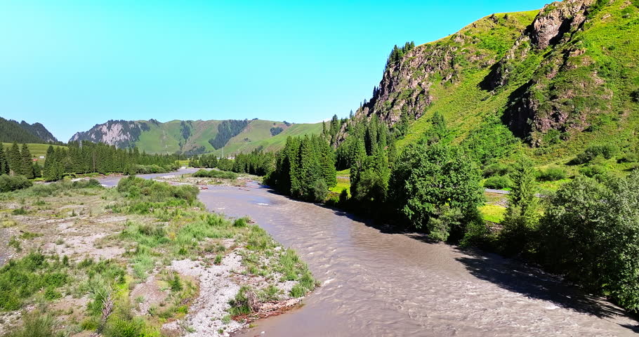 Aerial view of a wide river flowing through a lush green valley with pine forests in Xinjiang, China.