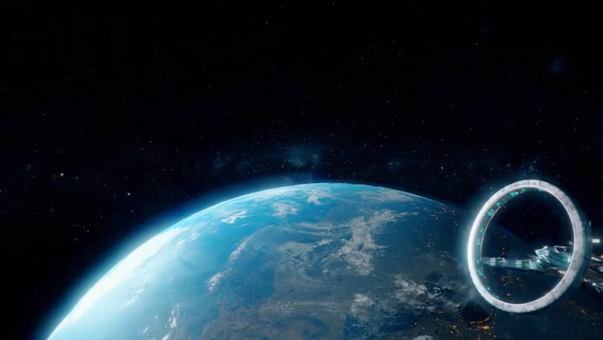 Experimental black hole interstellar starship with a Schwarzschild kugelblitz drive leaving Earth orbit, showcasing futuristic space exploration and advanced propulsion.