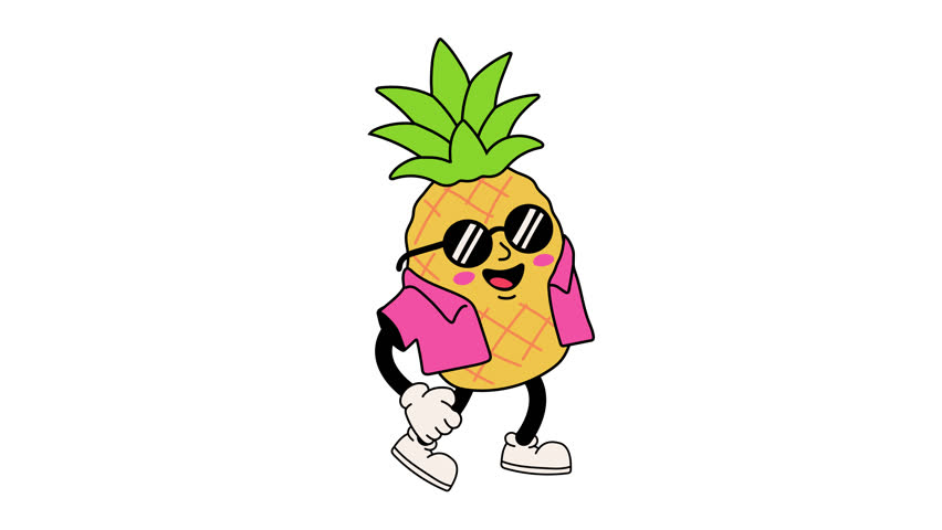 a cartoon pineapple wearing sunglasses and a pink shirt Walking Loop Animation. Alpha channel transparency