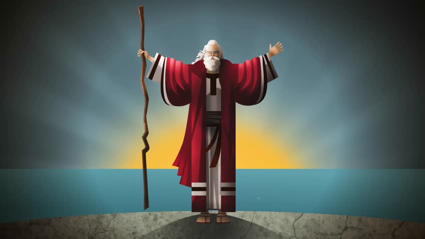 moses parting the red sea with staff creating path through waters
