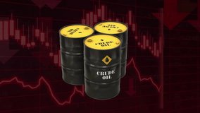 The barrels of crude oil stacked on top of the descending red financial candlestick chart illustrate a collapse, a drop in oil prices, and a downturn in the energy market. - Powered by Shutterstock - Get 15% off with code: PIKWIZARD15