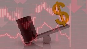 A barrel of crude oil and a gold dollar symbol on a seesaw, a declining red financial chart, illustrate the inverse, volatile relationship between energy prices and currency values. - Powered by Shutterstock - Get 15% off with code: PIKWIZARD15