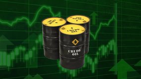 The barrels of crude oil are stacked on top of a rising blue candlestick chart, illustrating the growth of the global energy market and price fluctuations within it. - Powered by Shutterstock - Get 15% off with code: PIKWIZARD15