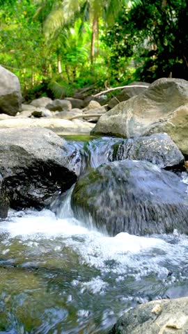 Tranquil Forest Waterfall Flowing Over Rocks With Soft Sunlight and Lush Greenery, peaceful nature vertical background. Flowing Mountain Stream Over Rocks Through Tropical Forest With Lush Green Foliage And Clear Water