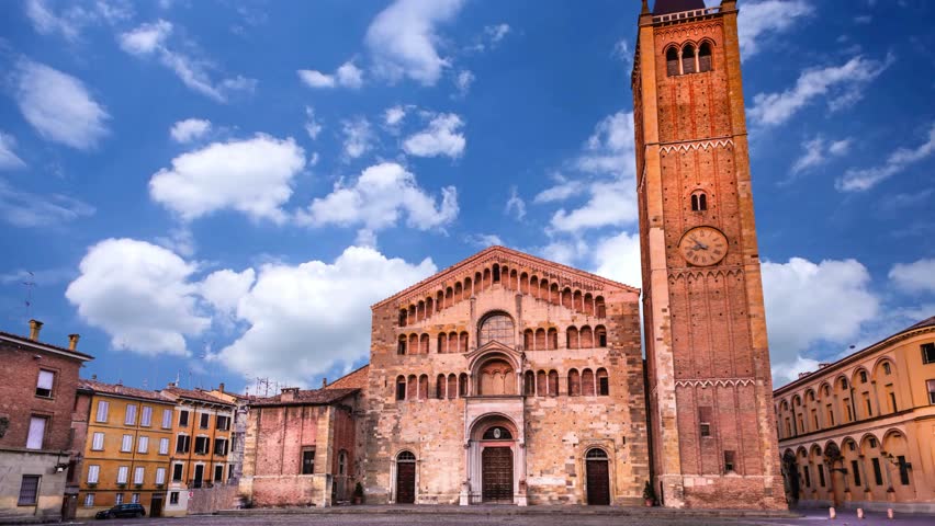Image of view Ancient Piazza Duomo , cathedral and baptistery,  Parma, Italy Cathedral and Baptistry located on Piazza Duomo in Parma, Emilia-Romagna, ItalyCathedral and Baptistry located on Piazza Duomo in Parma, Emilia-Romagna, Italy
