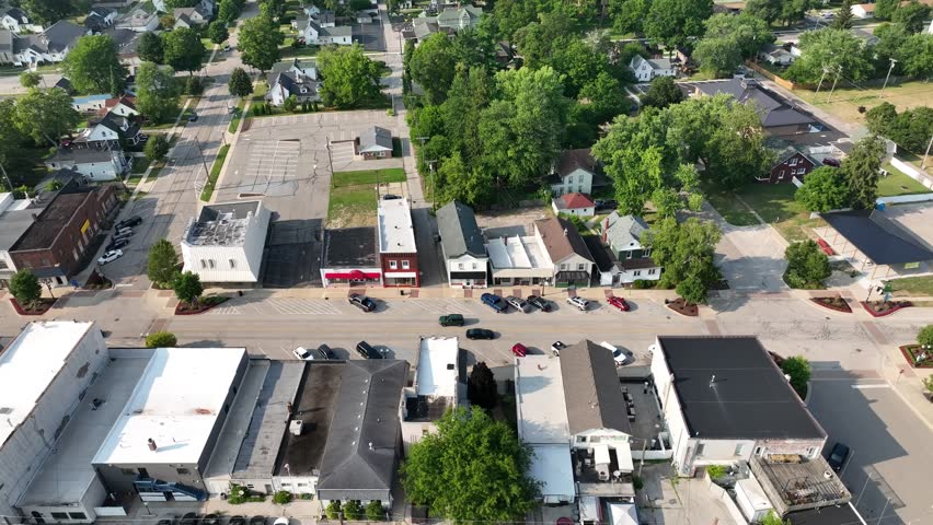 Downtown Imlay City, Michigan with drone video moving right to left.