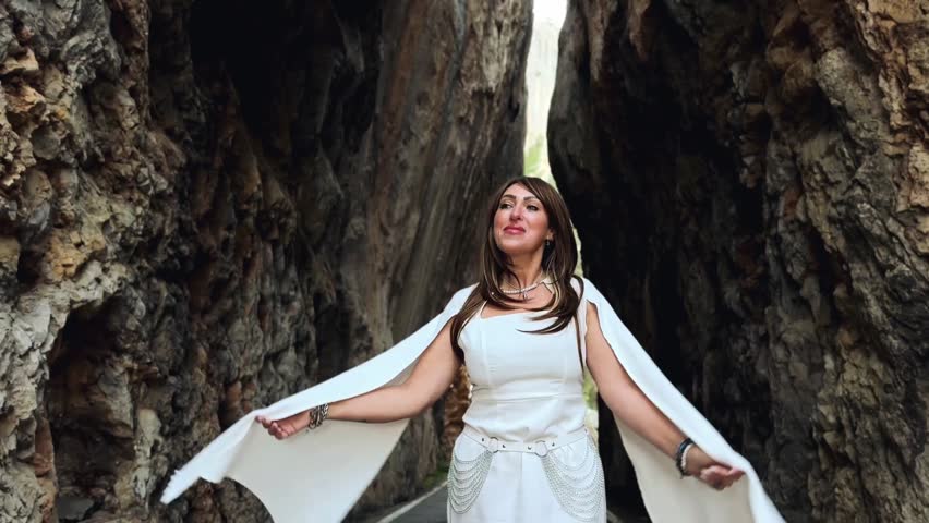 Elegant Woman in White Shawl Embracing Inner Peace Amidst Majestic Canyon Walls