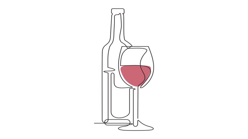 Animated self drawing of continuous line draw of wine bottle and glasses.  Full length one line animation. 4K