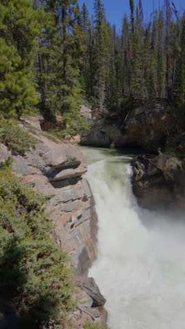 Sunwapta Falls churning turquoise water surrounded by cliffs and a coniferous forest in Jasper National Park, Canada