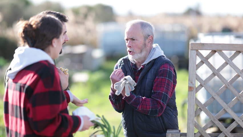 On bright spring day, middle-aged couple swear with senior man neighbor. Squabbles between neighbors, debates or misunderstandings, territorial dispute.