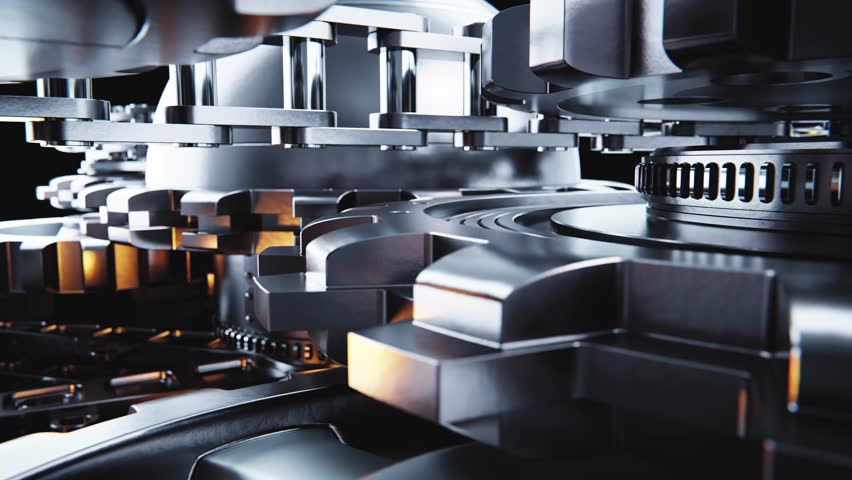 Metallic cogwheels and gears are rotating, showing a complex engine mechanism