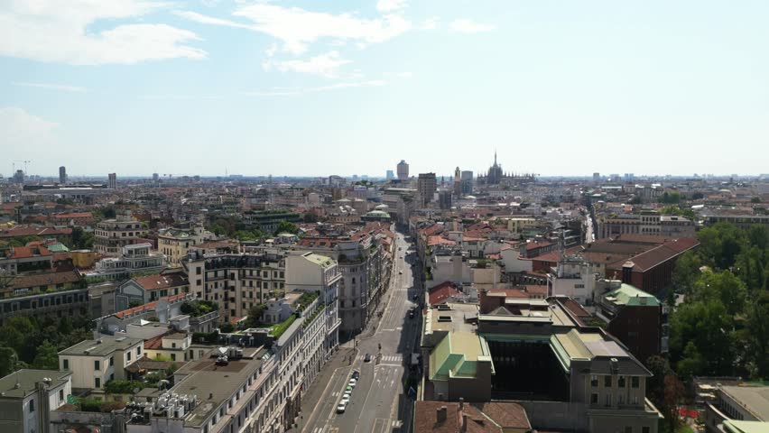 Europe, Italy, Milan drone view Milan downtown fashion district q- Piazza San Babila , Corso Vittorio Emanuele in Duomo Cathedral and new skyline - Via Montanapoleone most expensive area for houses in Milan  real estate 