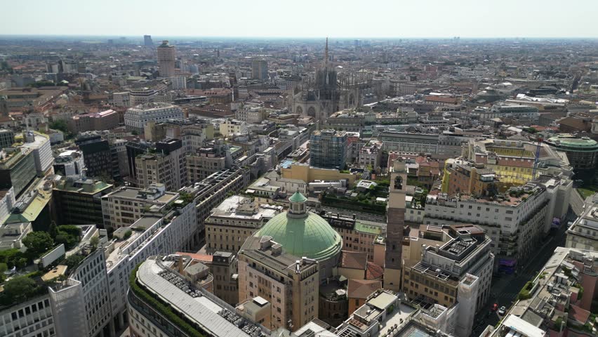 Europe, Italy, Milan drone view Milan downtown fashion district q- Piazza San Babila , Corso Vittorio Emanuele in Duomo Cathedral and new skyline - Via Montanapoleone most expensive area for houses in Milan  real estate 