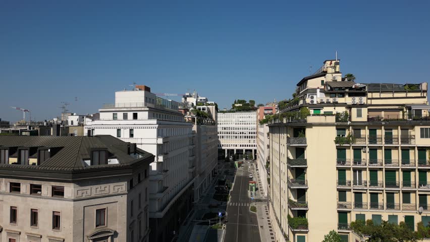 Europe, Italy, Milan drone view Milan downtown fashion district q- Piazza San Babila , Corso Vittorio Emanuele in Duomo Cathedral and new skyline - Via Montanapoleone most expensive area for houses in Milan  real estate 
