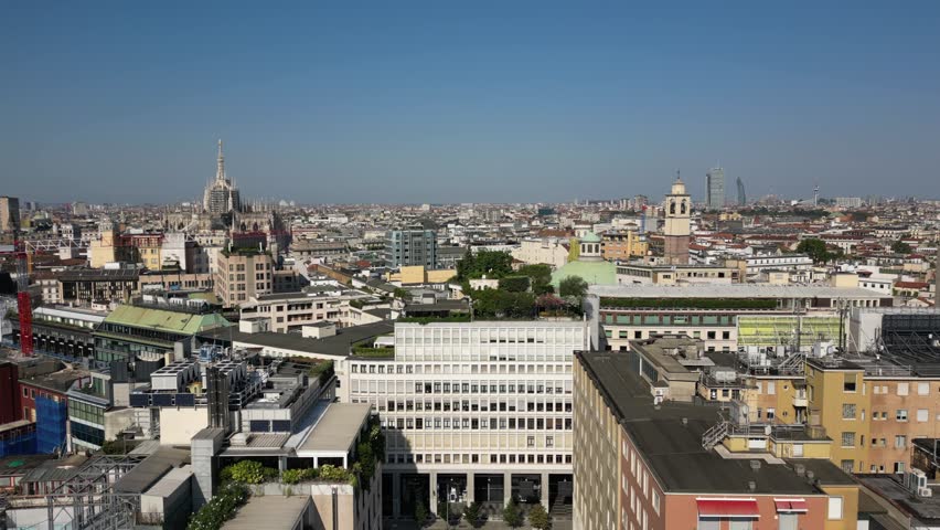 Europe, Italy, Milan drone view Milan downtown fashion district q- Piazza San Babila , Corso Vittorio Emanuele in Duomo Cathedral and new skyline - Via Montanapoleone most expensive area for houses in Milan  real estate 