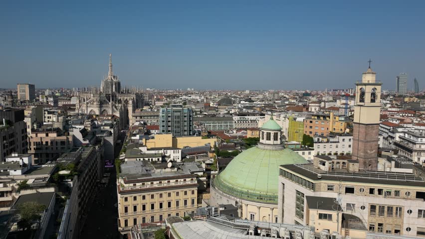 Europe, Italy, Milan drone view Milan downtown fashion district q- Piazza San Babila , Corso Vittorio Emanuele in Duomo Cathedral and new skyline - Via Montanapoleone most expensive area for houses in Milan  real estate 