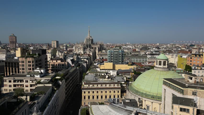 Europe, Italy, Milan drone view Milan downtown fashion district - Piazza San Babila , Corso Vittorio Emanuele in Duomo Cathedral and new skyline - Via Montanapoleone most expensive area for houses in Milan  real estate 