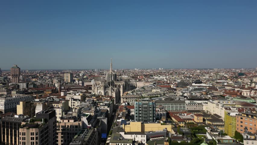 Europe, Italy, Milan drone view Milan downtown fashion district q- Piazza San Babila , Corso Vittorio Emanuele in Duomo Cathedral and new skyline - Via Montanapoleone most expensive area for houses in Milan  real estate 