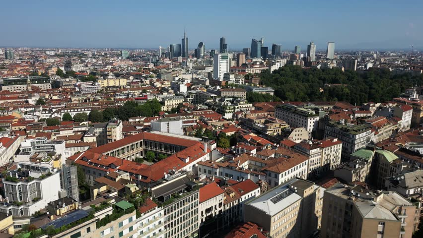 Europe, Italy, Milan drone view Milan downtown fashion district q- Piazza San Babila , Corso Vittorio Emanuele in Duomo Cathedral and new skyline - Via Montanapoleone most expensive area for houses in Milan  real estate 