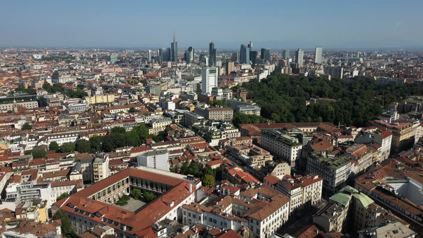 Europe, Italy, Milan drone view Milan downtown fashion district q- Piazza San Babila , Corso Vittorio Emanuele in Duomo Cathedral and new skyline - Via Montanapoleone most expensive area for houses in Milan  real estate 