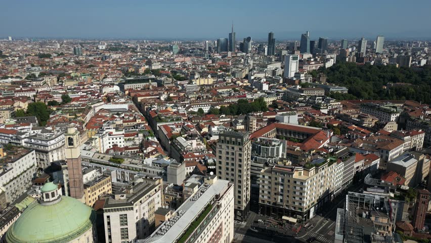 Europe, Italy, Milan drone view Milan downtown fashion district q- Piazza San Babila , Corso Vittorio Emanuele in Duomo Cathedral and new skyline - Via Montanapoleone most expensive area for houses in Milan  real estate 