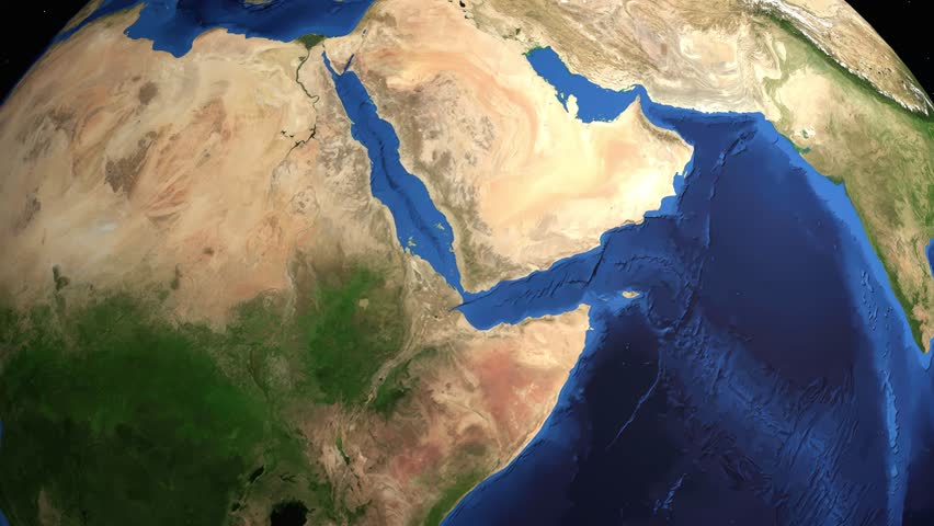 A commercial airplane flies across a realistic 3D globe from London to Doha Qatar