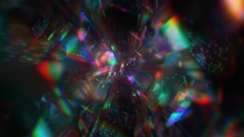 Abstract dark prismatic crystal tunnel with rainbow chromatic shards and glossy holographic reflections, luminous glass fragments swirling through a shadowy portal, futuristic optical distortion with deep sci fi contrast, radiant color sparkle and layered crystalline depth
