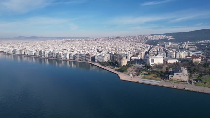 Panoramic aerial view of the coastal city of thessaloniki, greece, with its waterfront promenade