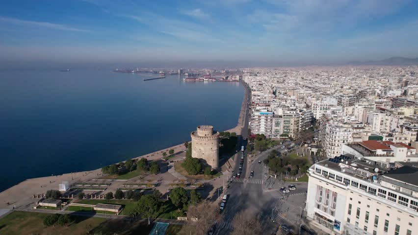 Sunny aerial cityscape of thessaloniki showing the white tower and the seafront promenade in greece
