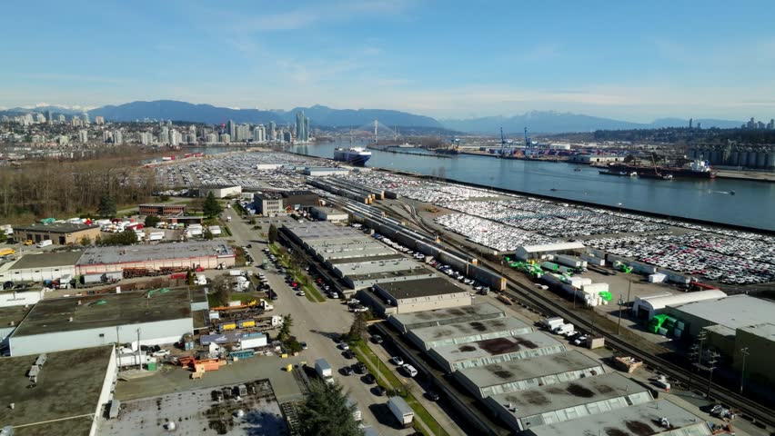 Importing Newly Manufactured Vehicles - Annacis Auto Terminal At The Port Of Vancouver In British Columbia, Canada. Aerial Shots