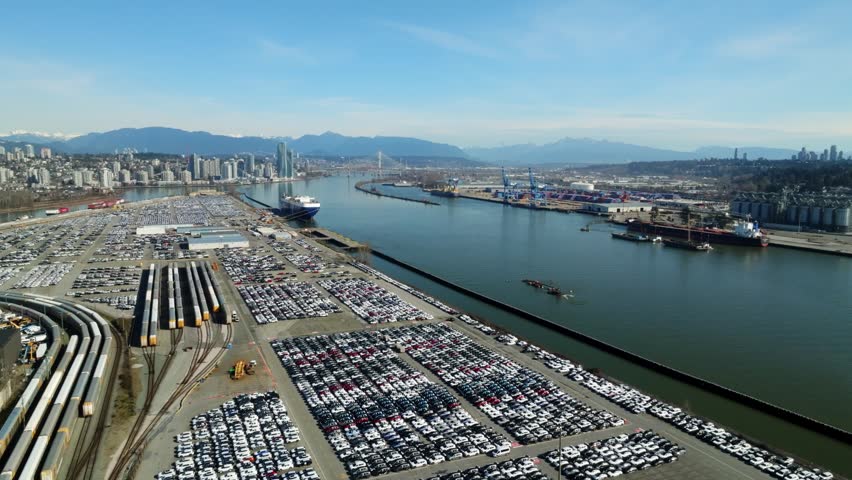 Extensive Parking Lots Of The Annacis Auto Terminal At The Port Of Vancouver In British Columbia, Canada. Aerial Shot