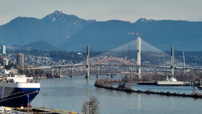 Constructing The New Pattullo Bridge, Connecting Surrey And New Westminster, British Columbia, Canada. Aerial Wide Shot