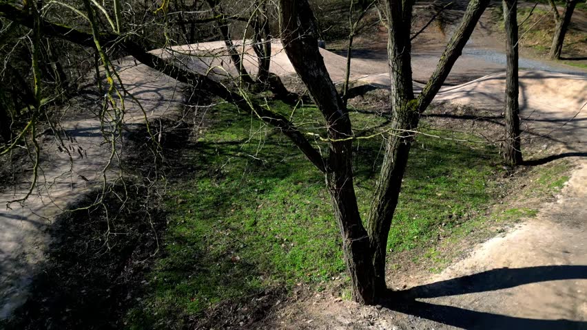 pump track or dirt jump park designed for mountain bikes MTB or BMX. trails rollers humps and berms banked corners goal is navigate track without pedaling, pumping motion pushing down into the dips 