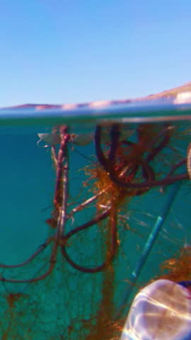 This underwater shot captures floating plastic pollution, including containers and tangled fishing nets. The clear water and bright sunlight contrast with the man-made debris.