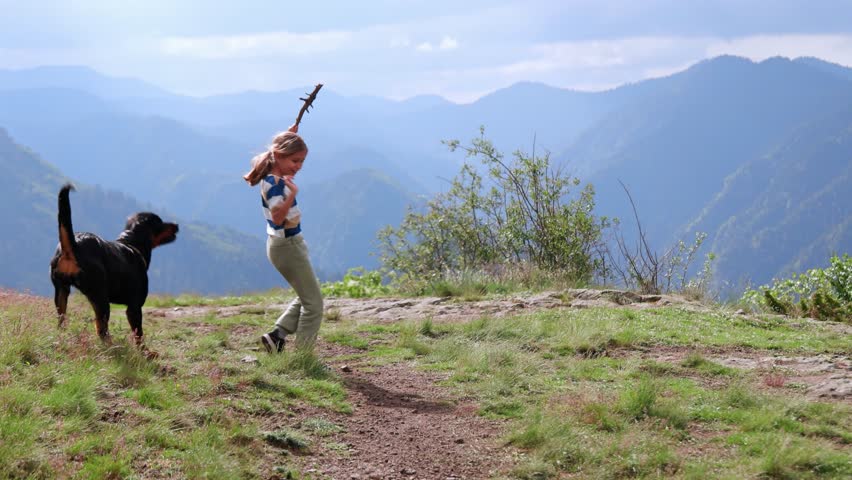 Girl plays with stick with dog-Rottweiler on cliff of mountain in valley of Rhodope Mountains