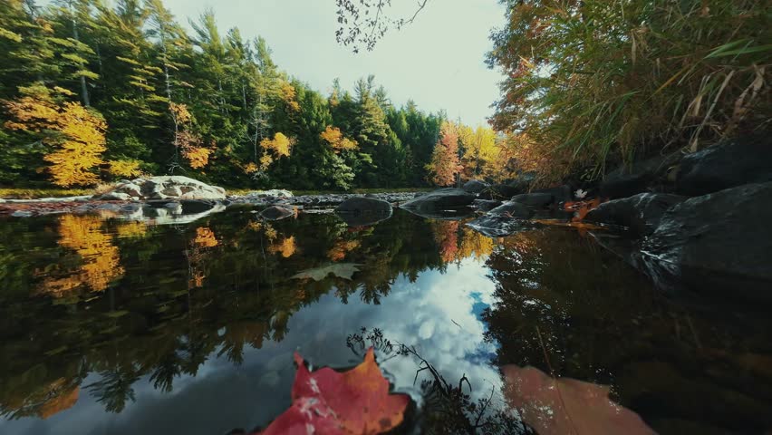 Adirondack Mountain, New York State. Aerial view of autumnal forest with trees reflecting on calm water surfaceautumnal forest reflection in water with rocks and trees.