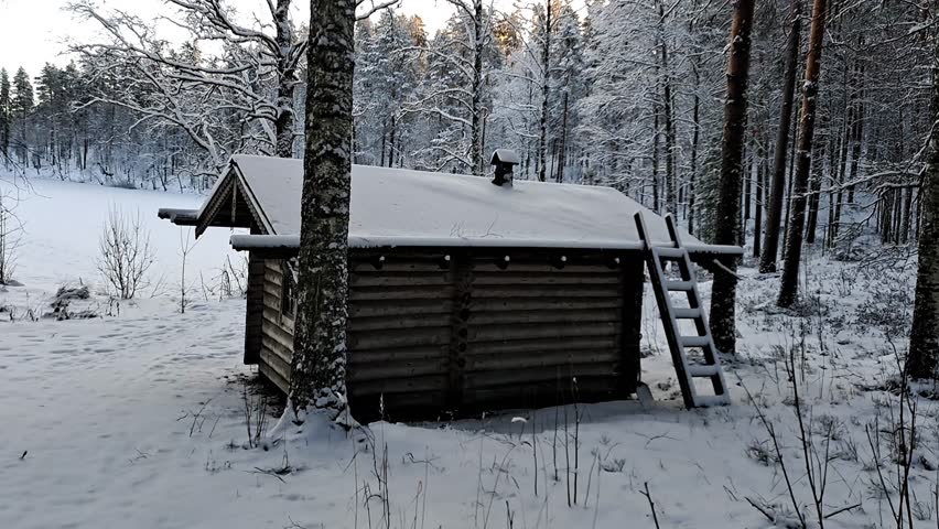 Small yellow wooden house in a snowy pine forest with a snow-covered path in winter.