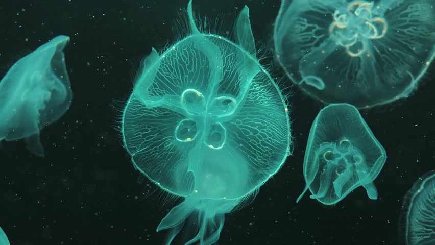 Glowing jellyfish drifting in dark water as light shifts from green to blue