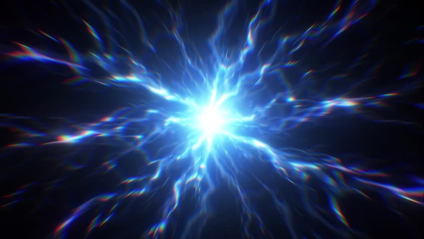 Abstract blue electric burst with bright luminous core, branching plasma lightning and glowing radial streaks on a dark background, intense sci fi energy explosion with vivid motion and shockwave depth, futuristic optical power field with neon current, dynamic contrast and dramatic electrical atmosphere