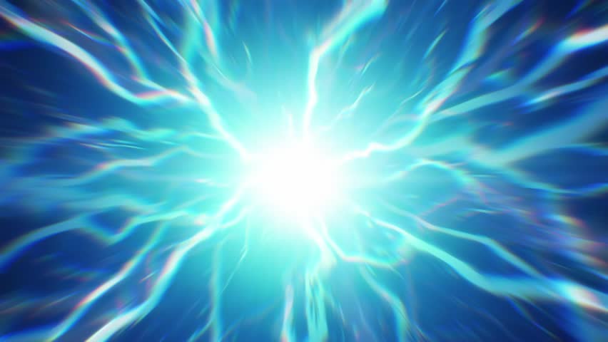 Abstract cyan electric energy burst with bright white glowing core, branching lightning plasma rays and vivid radial motion, luminous power explosion with intense shockwave effect, futuristic sci fi light field on a blue background, dynamic electrical force with radiant depth and high voltage atmosphere