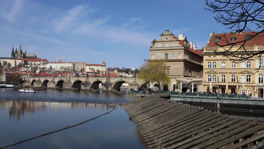 Panoramic view of Prague with Charles Bridge and Prague Castle across Vltava river crowds of tourists exploring popular travel destination historic city atmosphere