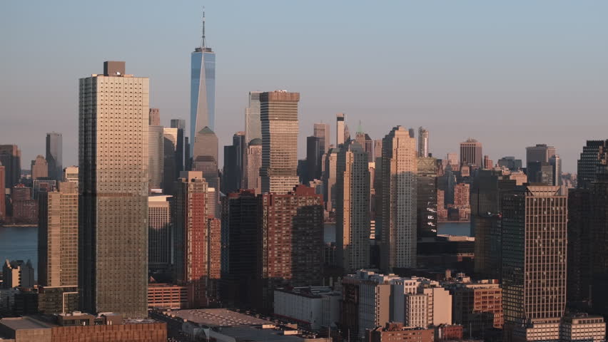 Aerial view of Jersey City and Lower Manhattan. Shot at sunset on a spring day