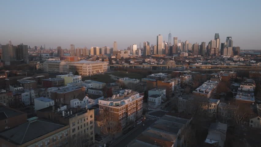 Aerial view of Jersey City on a spring day. Shot at sunset in New Jersey.