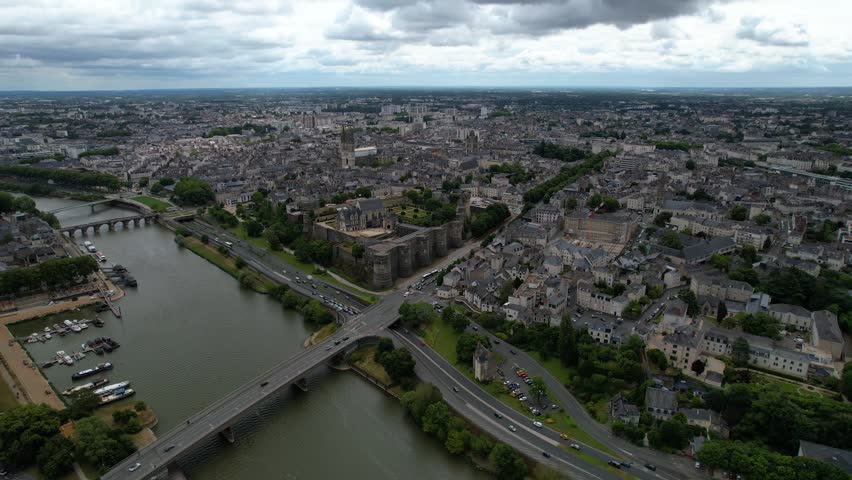 Aerial panorama view beside the old town of the city Angers in France on a cloudy  noon in summer.