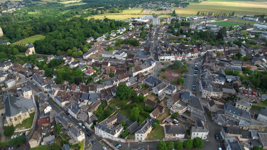 Aerial panorama view beside the old town of the city Chateau-Renault in France on a cloudy  noon in summer.