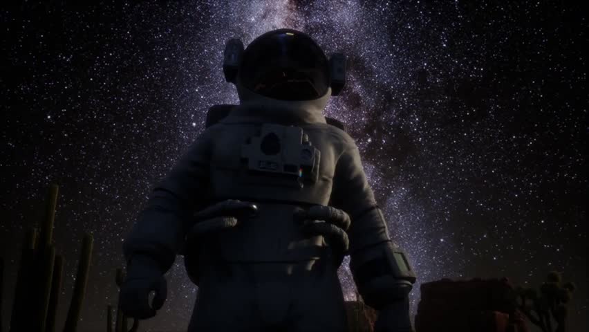 Astronaut standing beneath a star-filled Milky Way over Death Valley, showcasing cosmic formations, night sky brilliance, and the vastness of space contrasted with desert landscape.