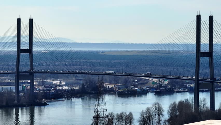 The Alex Fraser Bridge (Annacis Bridge) - Major cable-stayed Bridge In Metro Vancouver, British Columbia, Canada. Aerial Shot