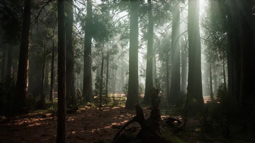 Sequoia National Park covered in fog and mist, showcasing towering giant trees emerging through clouds, creating a mystical and serene natural forest landscape.