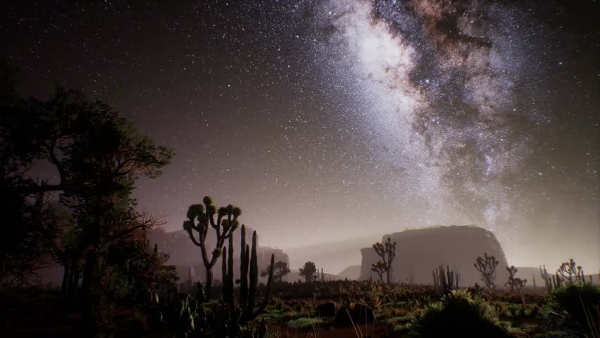 Stunning view of the Milky Way stretching across the night sky above the Utah desert, showcasing stars, galaxies, and the vast beauty of the universe over a rugged landscape.